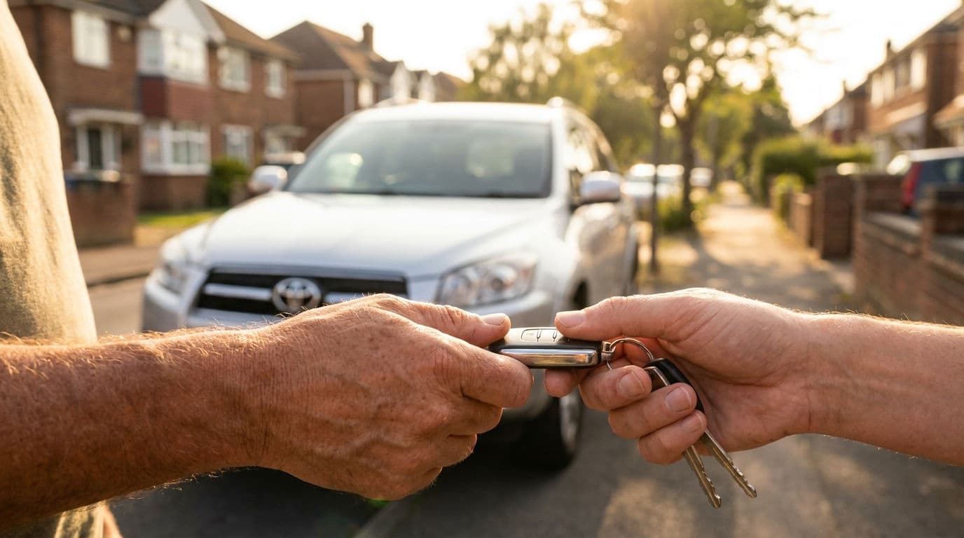 Car keys being handed over in front of a Toyota RAV4 at golden hour