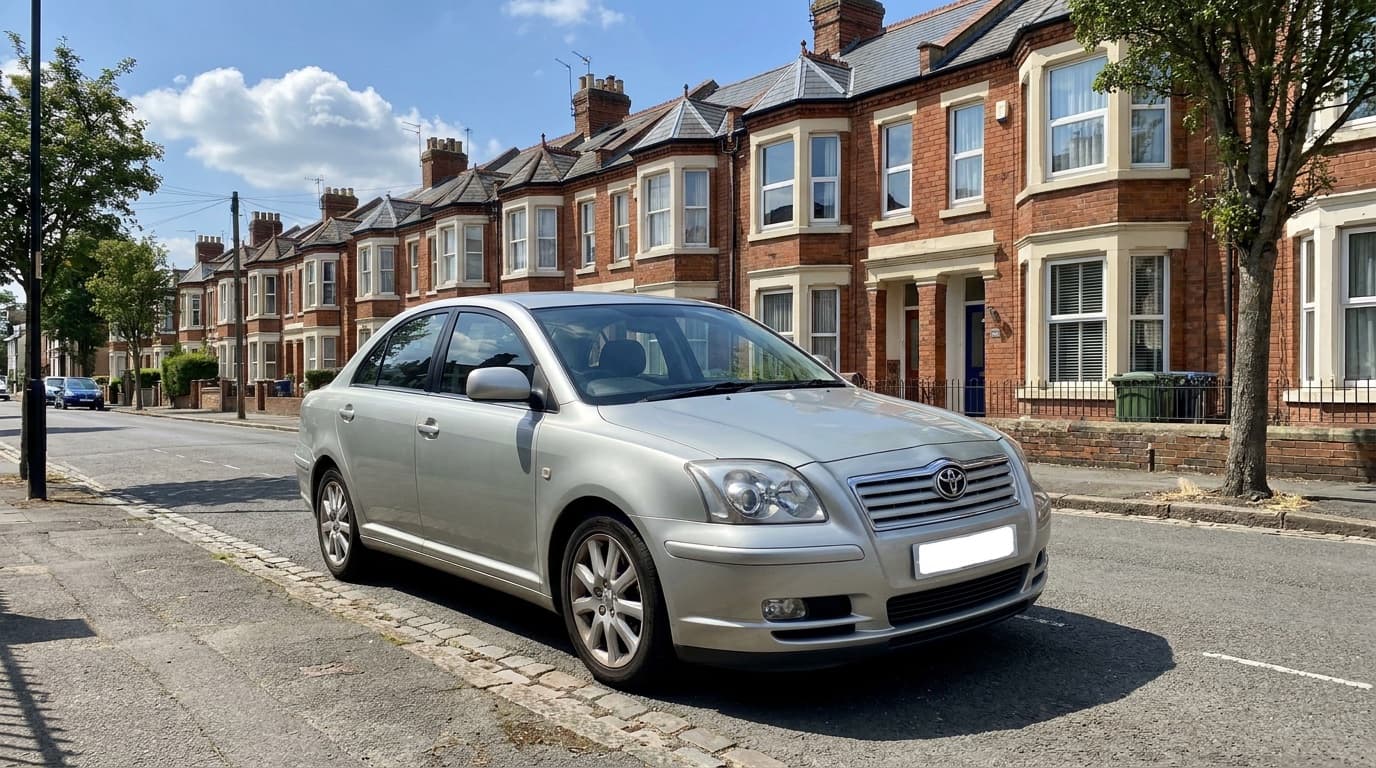 A silver Toyota Avensis saloon parked on a terraced UK street
