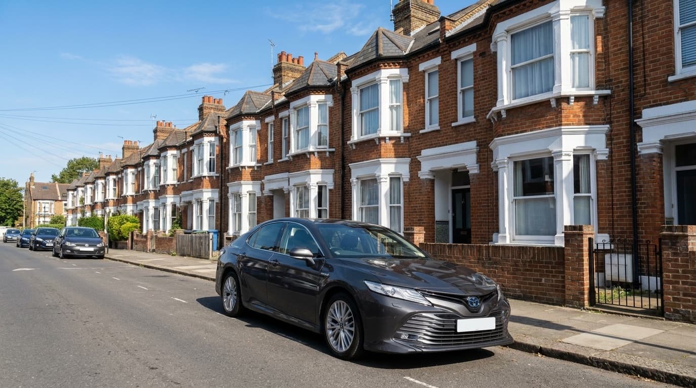 A dark grey Toyota Camry saloon parked on a terraced UK street