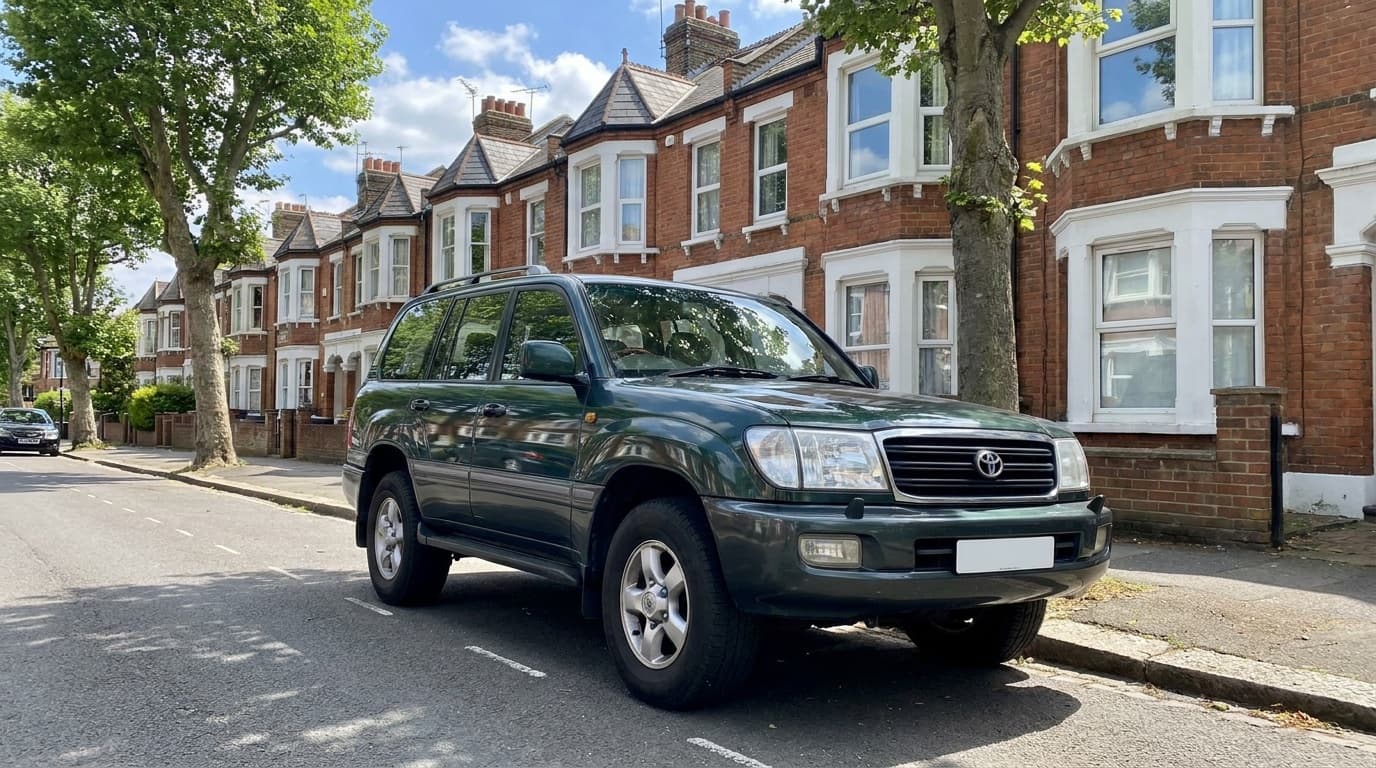A green Toyota Land Cruiser parked on a tree-lined UK street