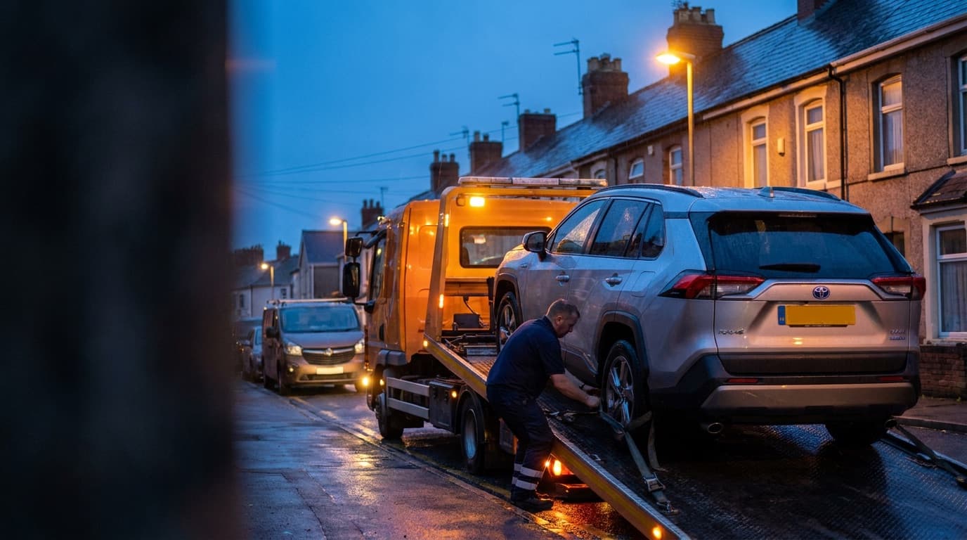A car being collected on a vehicle transporter on a UK street