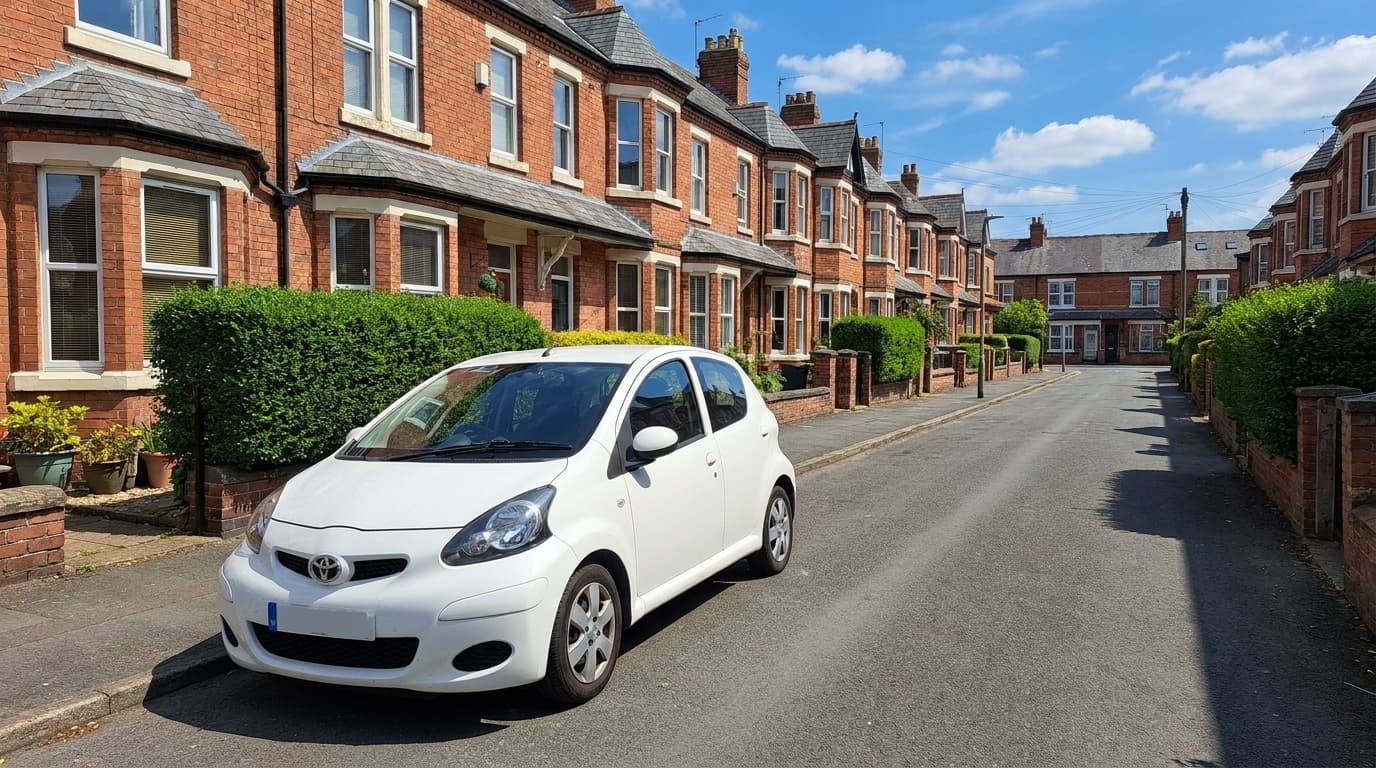 A white Toyota Aygo parked on a quiet UK residential street