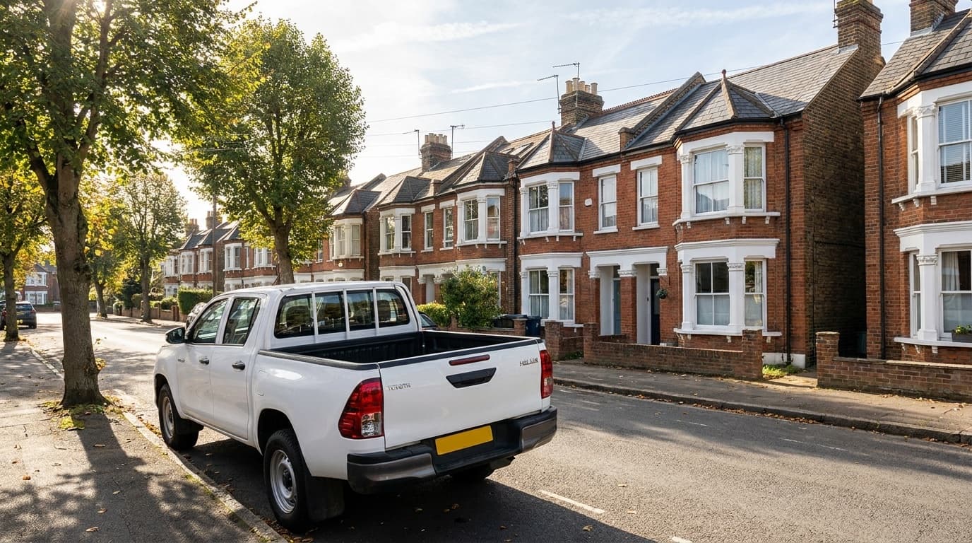 A white Toyota Hilux double cab parked on a UK residential street