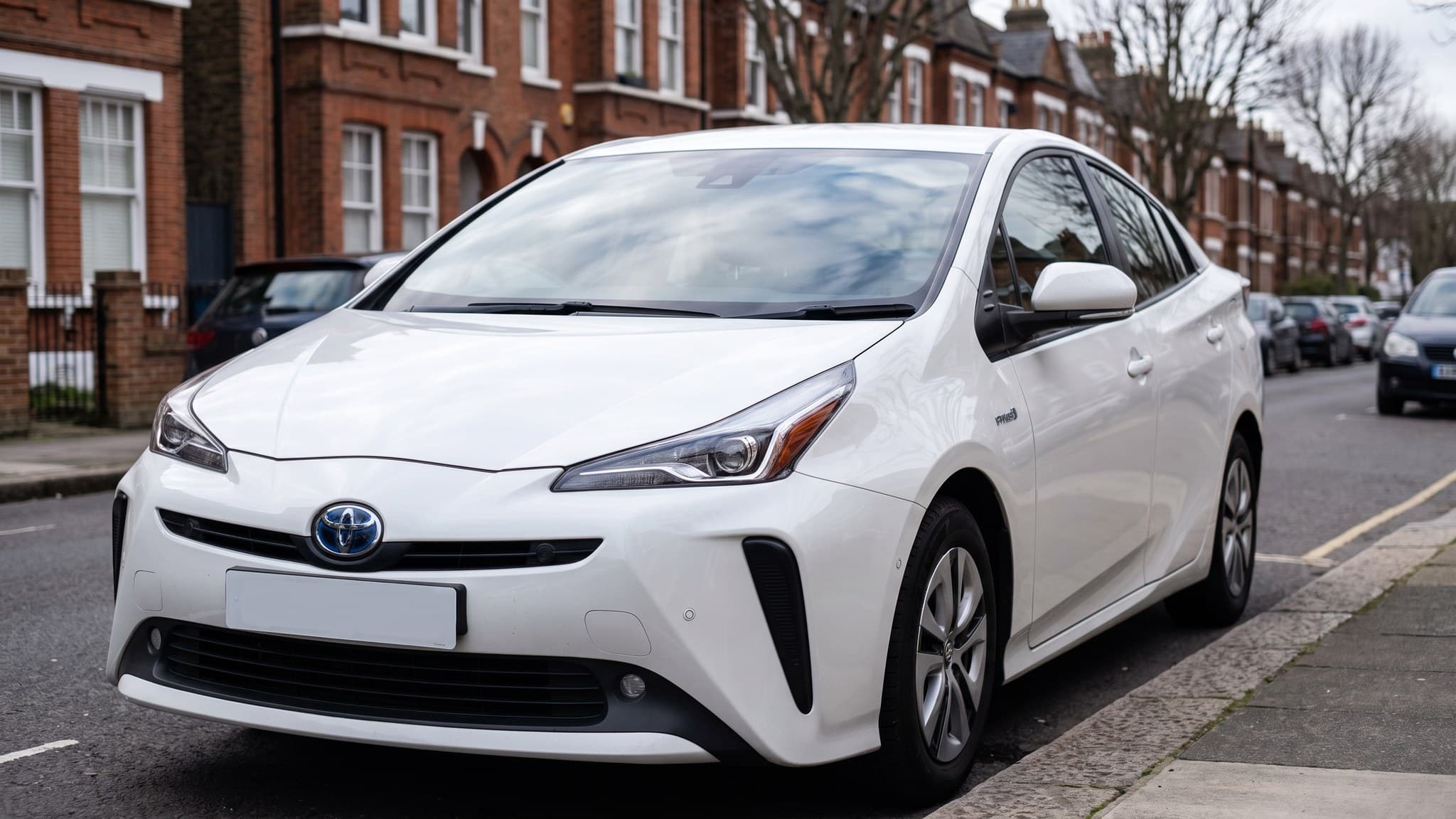A white Toyota Prius hybrid on a UK residential street