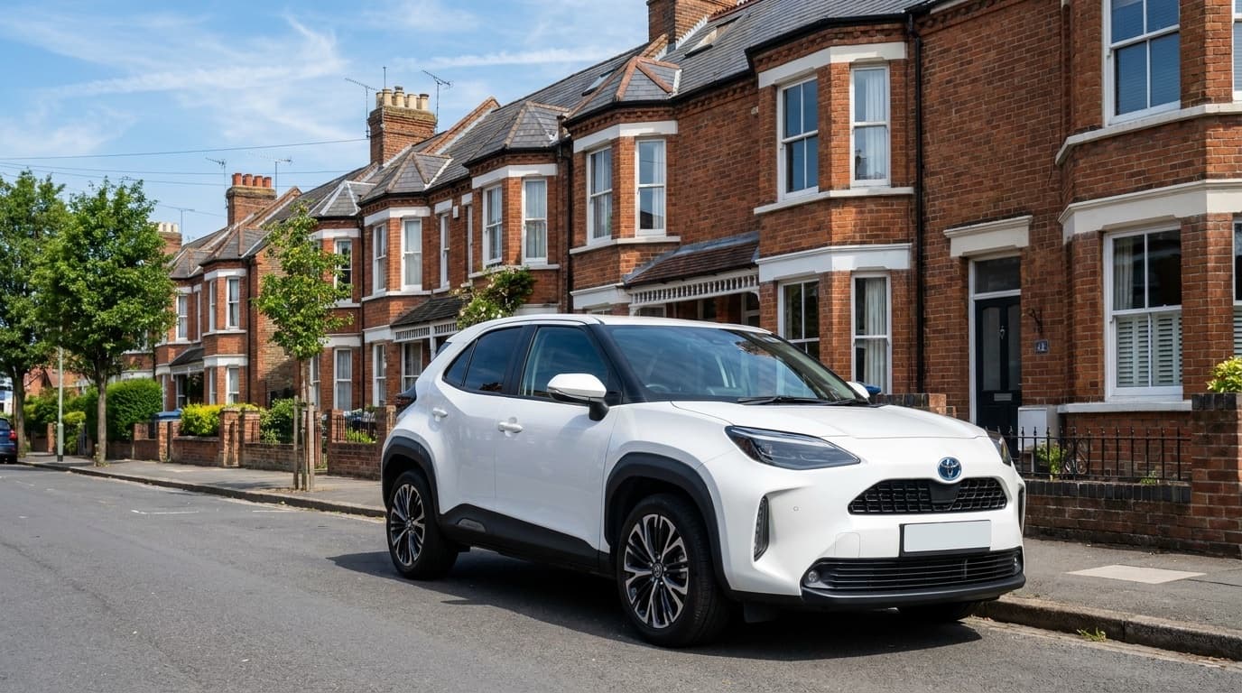 A white Toyota Yaris Cross parked on a terraced UK street