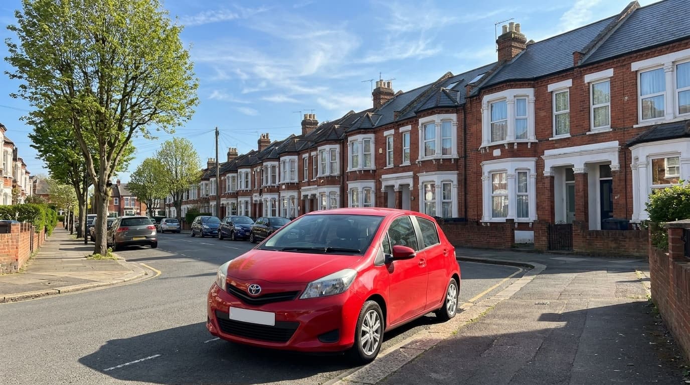 A red Toyota Yaris parked on a terraced UK street